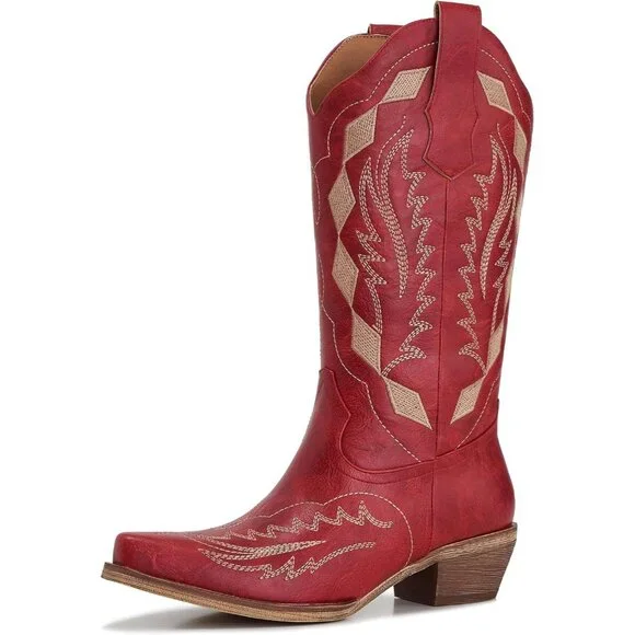 Women’s Faux Leather Mid Calf Red Embroidery Stacked Heel Western Boots - Picture 1 of 7